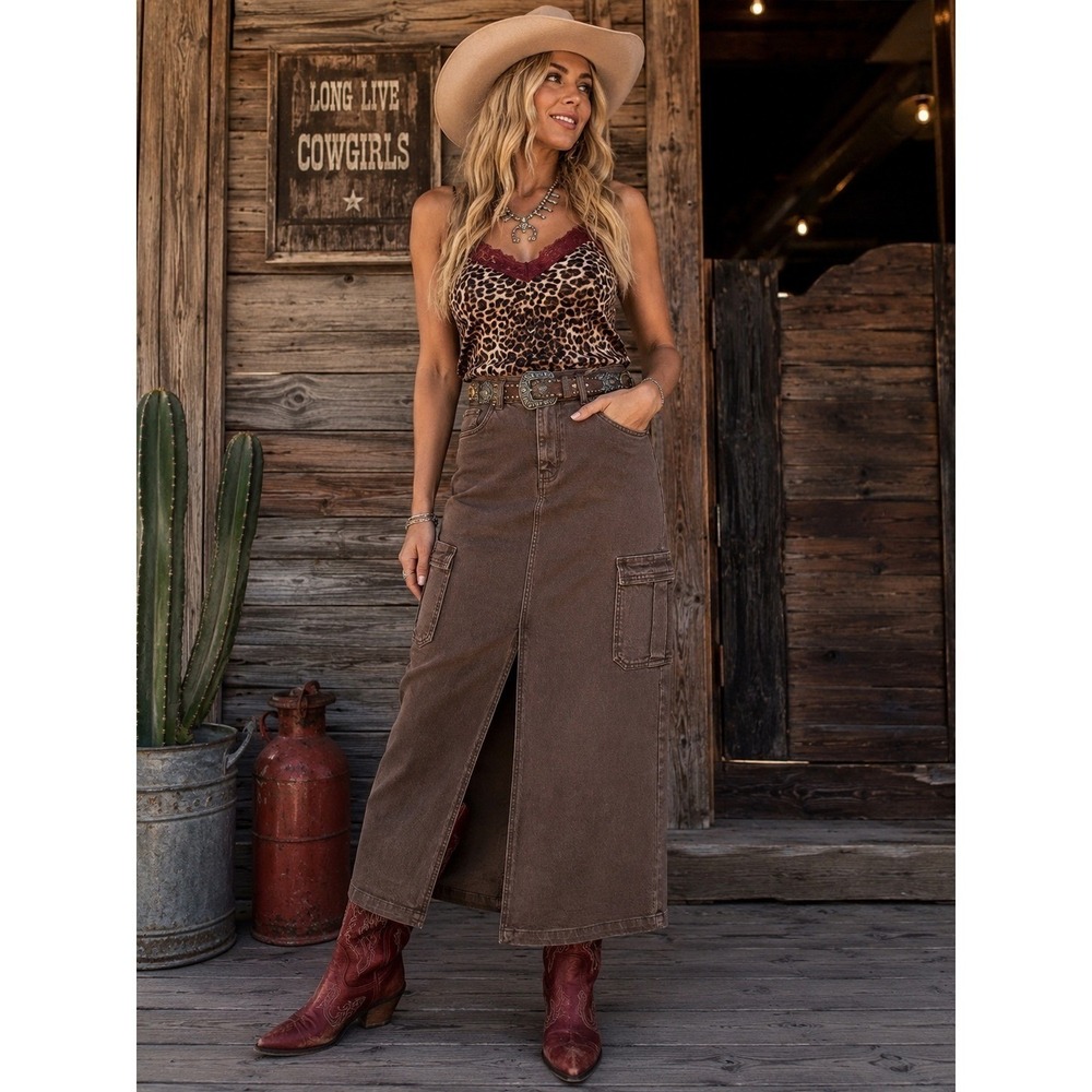 STS Blue Maddie Brown Denim Cargo Maxi Skirt Front Slit Size 28 Western